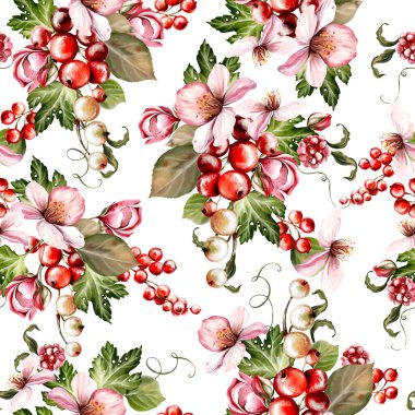 Güzel çiçeklerin sulu boya deseni ve yeşil yapraklı böğürtlenler. Görüntü