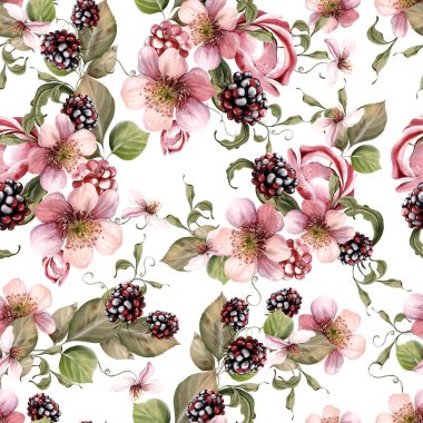 Güzel çiçeklerin sulu boya deseni ve yeşil yapraklı böğürtlenler. Görüntü