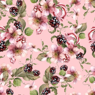 Güzel çiçeklerin sulu boya deseni ve yeşil yapraklı böğürtlenler. Görüntü