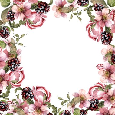 Güzel çiçeklerden ve yeşil yapraklı meyve meyvelerinden yapılmış suluboya davetiye çerçevesi. Görüntü