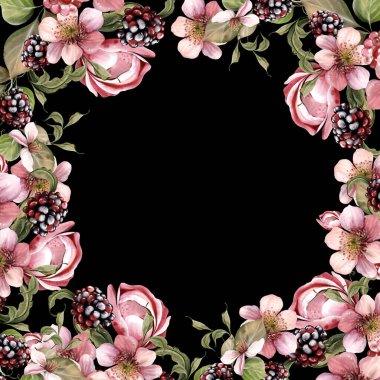 Güzel çiçeklerden ve yeşil yapraklı meyve meyvelerinden yapılmış suluboya davetiye çerçevesi. Görüntü