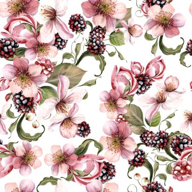 Güzel çiçeklerin sulu boya deseni ve yeşil yapraklı böğürtlenler. Görüntü