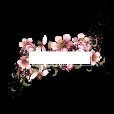 Çiçeklerden ve yeşil yapraklı meyve meyvelerinden yapılmış suluboya davetiye çerçevesi. Görüntü