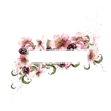 Çiçeklerden ve yeşil yapraklı meyve meyvelerinden yapılmış suluboya davetiye çerçevesi. Görüntü