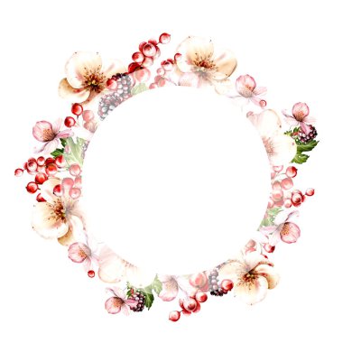 Çiçeklerden ve yeşil yapraklı meyve meyvelerinden yapılmış suluboya davetiye çerçevesi. Görüntü