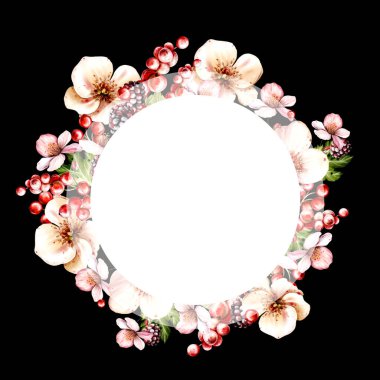 Çiçeklerden ve yeşil yapraklı meyve meyvelerinden yapılmış suluboya davetiye çerçevesi. Görüntü