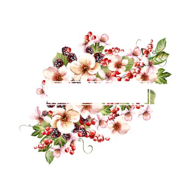 Çiçeklerden ve yeşil yapraklı meyve meyvelerinden yapılmış suluboya davetiye çerçevesi. Görüntü