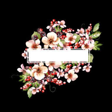 Çiçeklerden ve yeşil yapraklı meyve meyvelerinden yapılmış suluboya davetiye çerçevesi. Görüntü