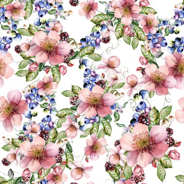 Güzel çiçeklerin sulu boya deseni ve yeşil yapraklı böğürtlenler. Görüntü