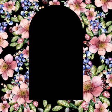 Güzel çiçeklerden ve yeşil yapraklı meyve meyvelerinden yapılmış suluboya bayram davetiyesi. Çizim oranı