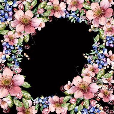 Güzel çiçeklerden ve yeşil yapraklı meyve meyvelerinden yapılmış suluboya bayram davetiyesi. Çizim oranı