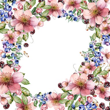 Güzel çiçeklerden ve yeşil yapraklı meyve meyvelerinden yapılmış suluboya bayram davetiyesi. Çizim oranı