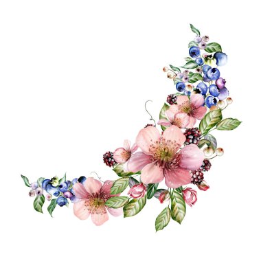 Çiçeklerden ve yeşil yapraklı meyve meyvelerinden yapılmış suluboya davetiye çerçevesi. Görüntü