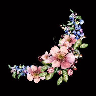 Çiçeklerden ve yeşil yapraklı meyve meyvelerinden yapılmış suluboya davetiye çerçevesi. Görüntü