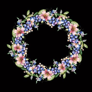 Çiçeklerden ve yeşil yapraklı meyve meyvelerinden yapılmış suluboya davetiye çerçevesi. Görüntü