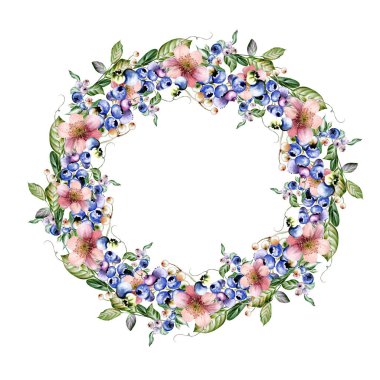 Çiçeklerden ve yeşil yapraklı meyve meyvelerinden yapılmış suluboya davetiye çerçevesi. Görüntü