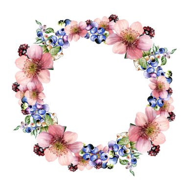 Çiçeklerden ve yeşil yapraklı meyve meyvelerinden yapılmış suluboya davetiye çerçevesi. Görüntü