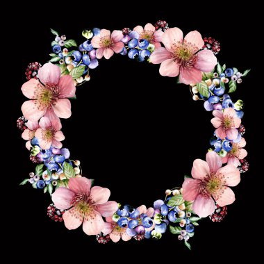 Çiçeklerden ve yeşil yapraklı meyve meyvelerinden yapılmış suluboya davetiye çerçevesi. Görüntü