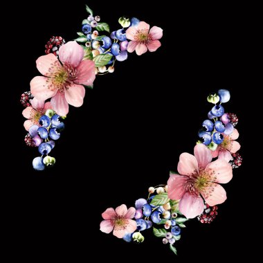 Çiçeklerden ve yeşil yapraklı meyve meyvelerinden yapılmış suluboya davetiye çerçevesi. Görüntü