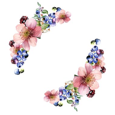 Çiçeklerden ve yeşil yapraklı meyve meyvelerinden yapılmış suluboya davetiye çerçevesi. Görüntü