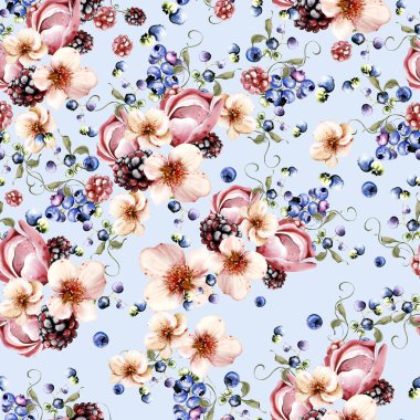 Güzel çiçeklerin sulu boya deseni ve yeşil yapraklı meyveli böğürtlenler. Görüntü