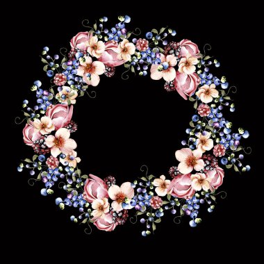 Çiçeklerden ve yeşil yapraklı meyve meyvelerinden yapılmış suluboya davetiye çerçevesi. Görüntü