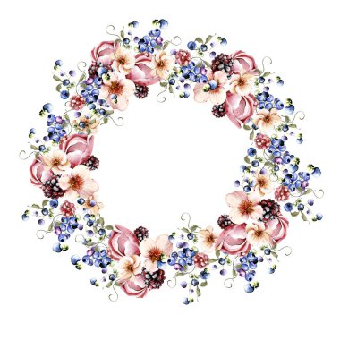 Çiçeklerden ve yeşil yapraklı meyve meyvelerinden yapılmış suluboya davetiye çerçevesi. Görüntü