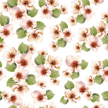 Çiçeklerin ve yeşil yaprakların pürüzsüz deseni suluboya. Çizim oranı