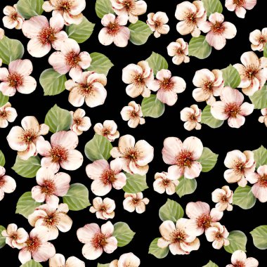 Çiçeklerin ve yeşil yaprakların pürüzsüz deseni suluboya. Çizim oranı