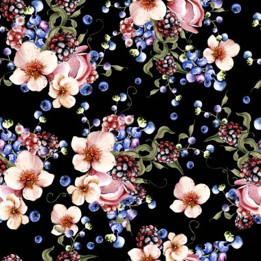 Güzel çiçeklerin sulu boya deseni ve yeşil yapraklı böğürtlenler. Görüntü