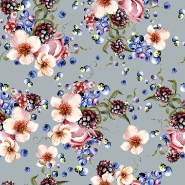 Güzel çiçeklerin sulu boya deseni ve yeşil yapraklı böğürtlenler. Görüntü