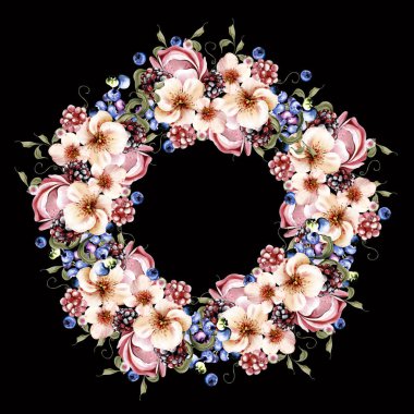 Çiçeklerden ve yeşil yapraklı meyve meyvelerinden yapılmış suluboya davetiye çerçevesi. Görüntü