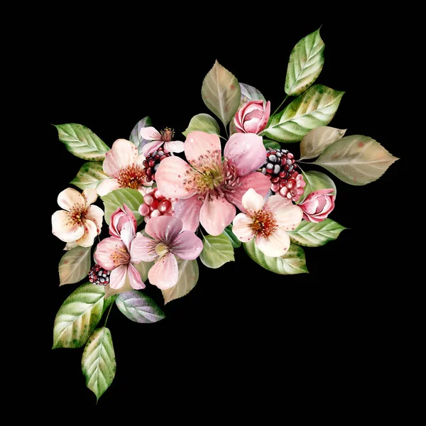 Watercolor Festive Bouquet Beautiful Flowers Fruity Blackberries Green Leaves Illustration — Stock Photo, Image