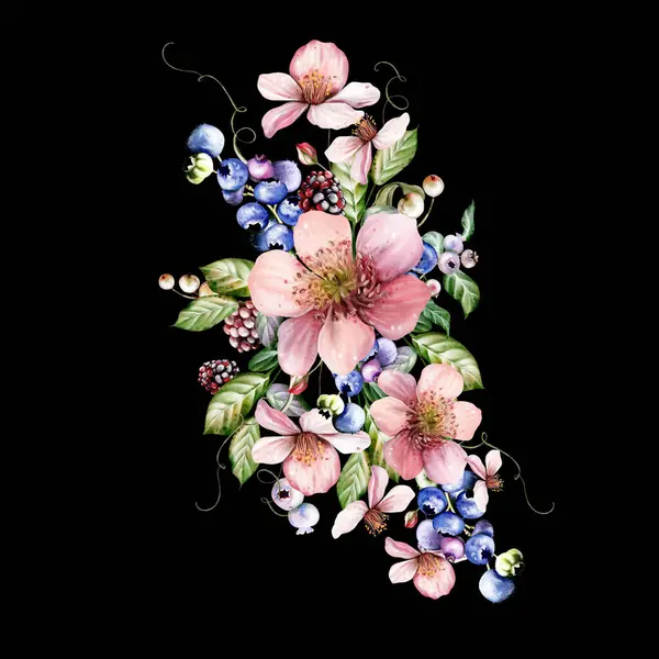 Güzel çiçeklerin suluboya buketi ve yeşil yapraklı meyveli böğürtlenler. Görüntü