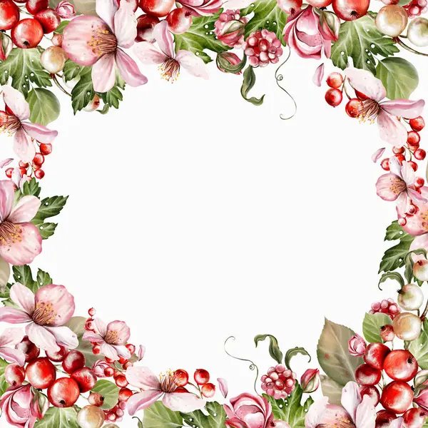 Güzel çiçeklerden ve yeşil yapraklı meyve meyvelerinden yapılmış suluboya bayram davetiyesi. Çizim oranı