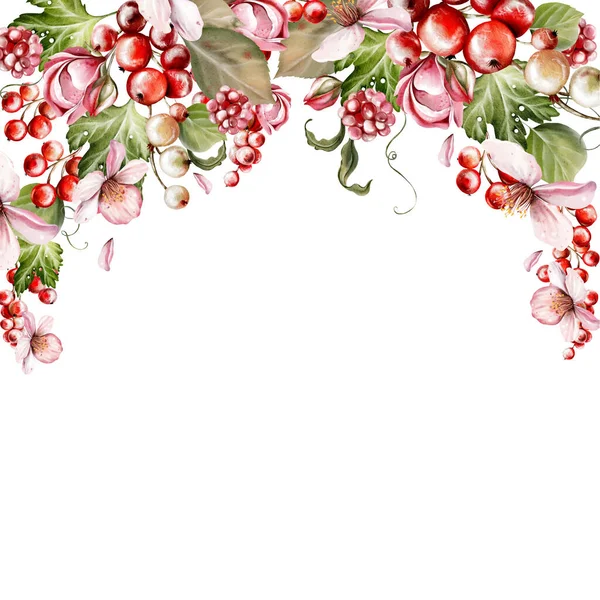 Güzel çiçeklerden ve yeşil yapraklı meyve meyvelerinden yapılmış suluboya bayram davetiyesi. Çizim oranı