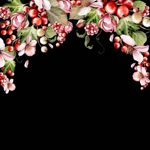 Güzel çiçeklerden ve yeşil yapraklı meyve meyvelerinden yapılmış suluboya bayram davetiyesi. Görüntü