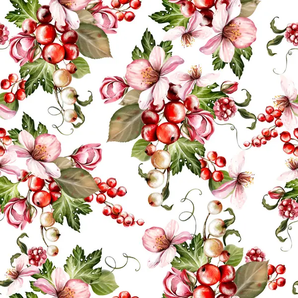 Güzel çiçeklerin sulu boya deseni ve yeşil yapraklı böğürtlenler. Görüntü