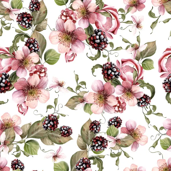 Güzel çiçeklerin sulu boya deseni ve yeşil yapraklı böğürtlenler. Görüntü