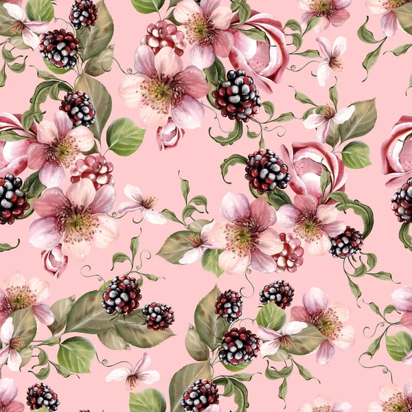 Watercolor Seamless Pattern Beautiful Flowers Blackberries Green Leaves Illustration — Stock Photo, Image
