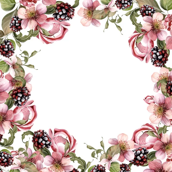 Güzel çiçeklerden ve yeşil yapraklı meyve meyvelerinden yapılmış suluboya davetiye çerçevesi. Görüntü