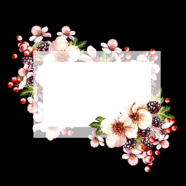 Çiçeklerden ve yeşil yapraklı meyve meyvelerinden yapılmış suluboya davetiye çerçevesi. Görüntü