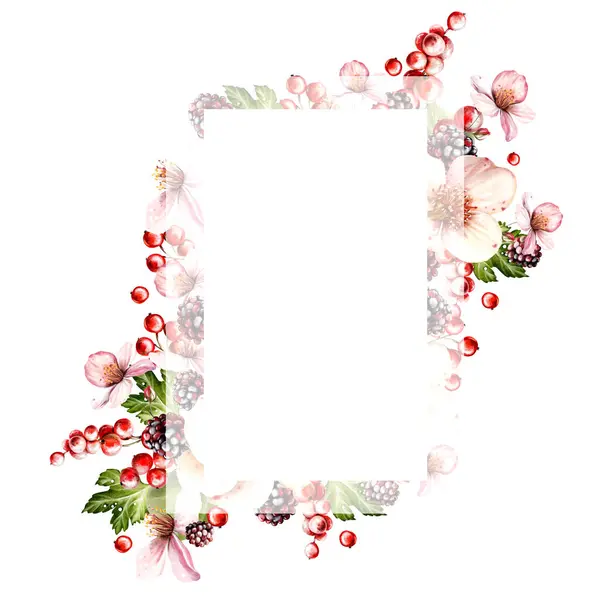 Çiçeklerden ve yeşil yapraklı meyve meyvelerinden yapılmış suluboya davetiye çerçevesi. Görüntü