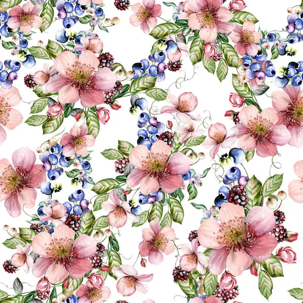 Güzel çiçeklerin sulu boya deseni ve yeşil yapraklı böğürtlenler. Görüntü