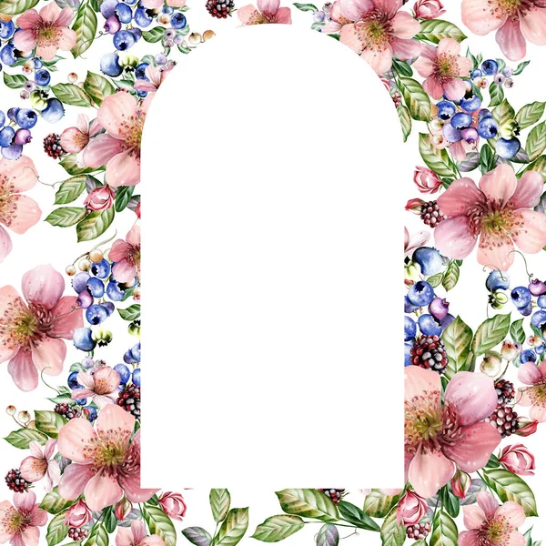 Güzel çiçeklerden ve yeşil yapraklı meyve meyvelerinden yapılmış suluboya bayram davetiyesi. Çizim oranı