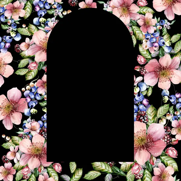 Güzel çiçeklerden ve yeşil yapraklı meyve meyvelerinden yapılmış suluboya bayram davetiyesi. Çizim oranı