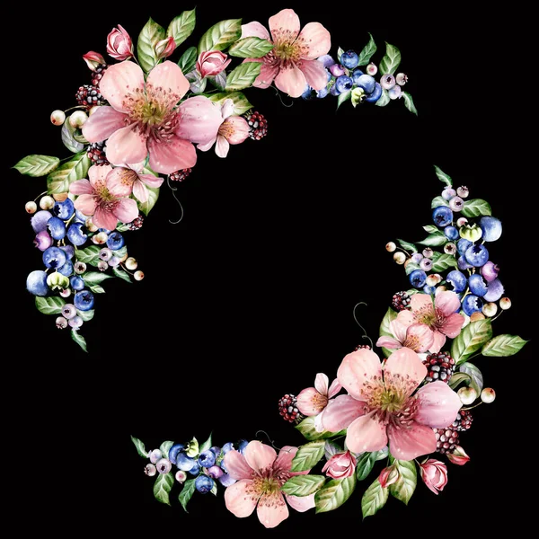 Çiçeklerden ve yeşil yapraklı meyve meyvelerinden yapılmış suluboya davetiye çerçevesi. Görüntü