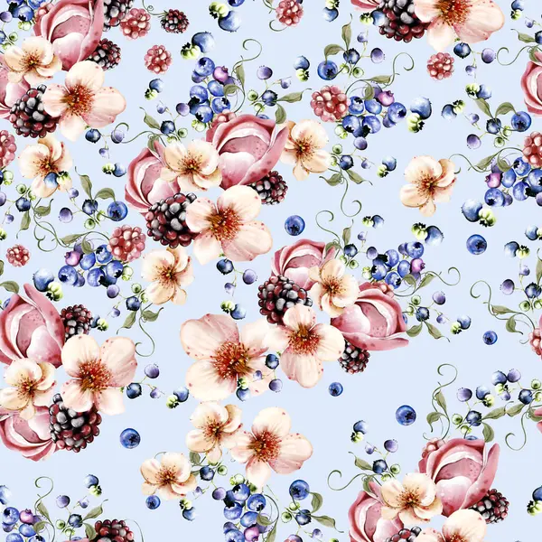 Güzel çiçeklerin sulu boya deseni ve yeşil yapraklı meyveli böğürtlenler. Görüntü