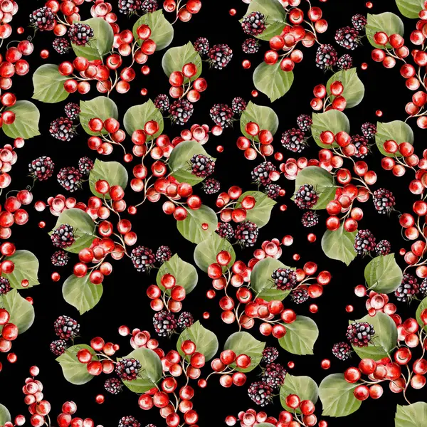 Watercolor Seamless Pattern Berries Leaves Illustration — Stock Photo, Image