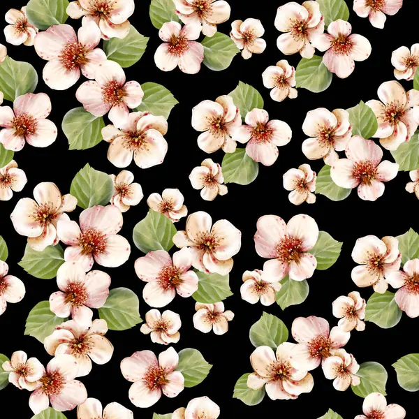 Çiçeklerin ve yeşil yaprakların pürüzsüz deseni suluboya. Çizim oranı